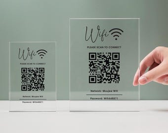 Custom WiFi QR Code Sign - 5x5 Acrylic Scannable Password Sign With Wood Base