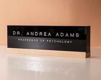 Black Acrylic Foil Name Block - Personalized Custom Gold Silver Text Job Title Plaque Office Table Desk Business Doctor Attorney Decor Gift