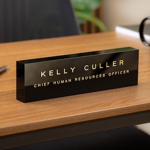 Personalized Foil Acrylic Name Block w/ Optional Wood Base - Minimal Executive Desk CEO Sign, Job Office Teacher or Promotion Gift