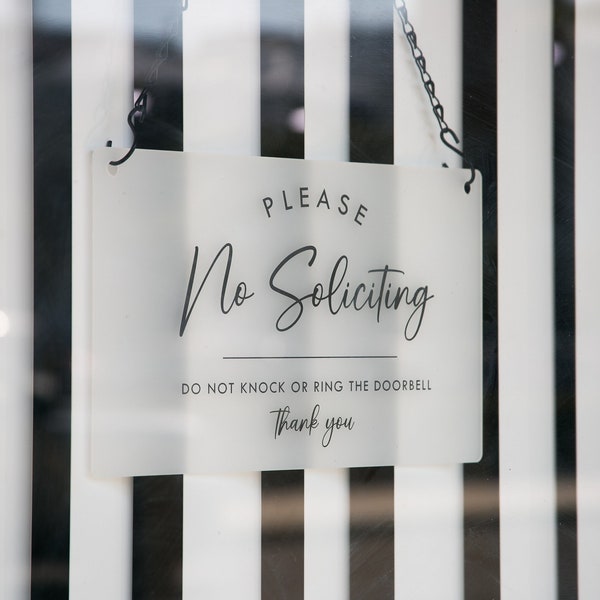 No Soliciting Hanging Acrylic Sign & Black Metal Chain - 11.5x7" Custom Sign, Office Home Business Door Please Do Not Ring Doorbell Signage