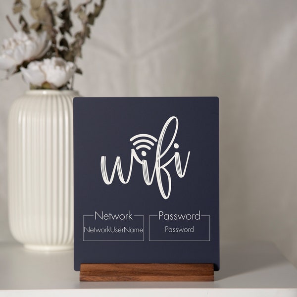 Wifi Password Acrylic Sign w/ Wood Base - 6.5 x 7.75" Standing Table Sign for Home & Airbnb Rental, Small Business Sign