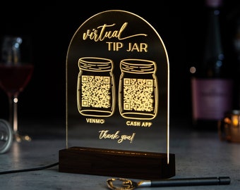 Arched QR Code Sign & Light Up LED Stand (Virtual Tip Jar) - Scan for Tips Payment Venmo Paypal Cashapp, Restaurant Bars Bartender Sign
