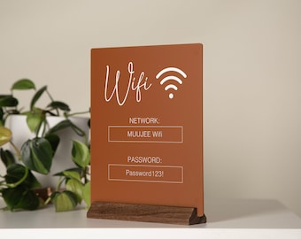 Wifi Acrylic Sign w/ Wood Base - 6.5 x 7.75" Ice or Black Table Sign for Home Airbnb Rental Small Business Salon Restaurant Bar Hotel
