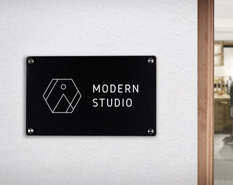 Black Acrylic Office Door Sign w/ Metal Stand Offs - 11.5x7 Custom Personalized Logo, Office Wall Decor, Salon Sign, Office Storefront