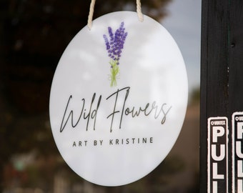Round Hanging Acrylic Sign (Logo) w/ White Rope - Custom window signage for office rental door small business beauty salon spa artist plaque