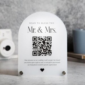 Arched QR Code (Wedding Sign) - 6x7.75&quot; Scannable Acrylic Sign, Wedding Cash Gift Table Decoration, Venmo Paypal Donation