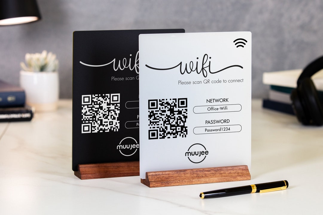 QR Code Logo Wifi Acrylic Sign w/ Wood Base 6x7.75 Sign for Home ...