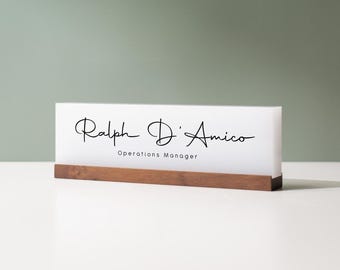 Personalized Acrylic Name Block (D2) - w/ Optional Wooden Base, Minimal Executive Desk CEO Sign, Job Office Decor Teacher Manager Gift