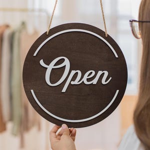 Open Closed Wood Hanging Sign (Design 2) - Double Sided Small Business Sign For Hair Salon Spa Window Indoor Outdoor Signage w/ White Rope