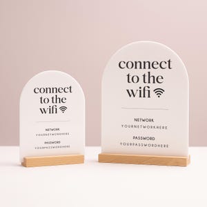 May include: Two white arched signs with the text "connect to the wifi" in black. The signs have a wooden base and display network and password information. The signs are for a business or home.