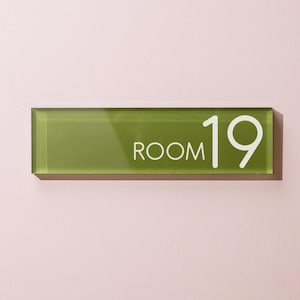 May include: A rectangular, olive green room number sign with the text "ROOM 19" in white. The sign is mounted on a light pink wall. The sign is made of glass.