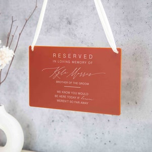 Reserved Hanging Acrylic Sign with Ribbon Black or Frosted 11.5x7 Sign, In Loving Memory Sign for Wedding Chair Aisle, Memory Table Sign image 6