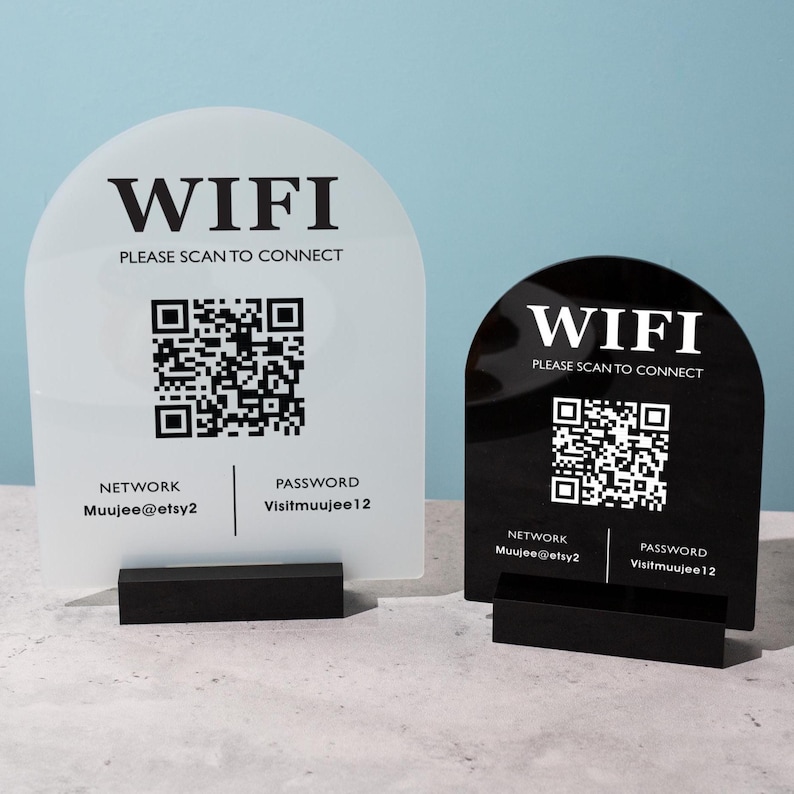 QR Code Wifi Arch Acrylic Sign W/ Base (D3) - Scannable Wifi Table Sign ...