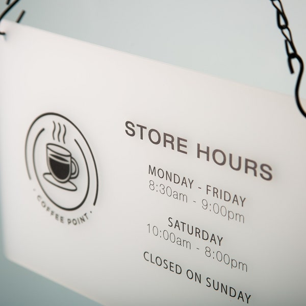 Store Hours w/ Logo Acrylic Sign & Black Hanging Chain - 11.5x7" Custom Signs for Office Door Business Hours, Spa Salon Bar Tea Coffee Shop