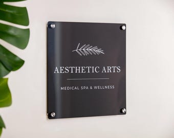 Black Acrylic Square Business Logo Sign w/ Metal Stand Offs - Custom Sign Personalized Beauty Spa Sign Small Business Office Door Name Plate