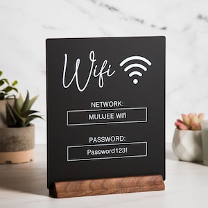 Wifi Acrylic Sign w/ Wood Base - 6.5 x 7.75" Ice or Black Table Sign for Home Airbnb Rental Small Business Salon Restaurant Bar Hotel