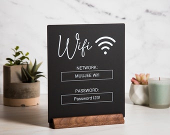 Wifi Acrylic Sign w/ Wood Base - 6.5 x 7.75" Ice or Black Table Sign for Home Airbnb Rental Small Business Salon Restaurant Bar Hotel