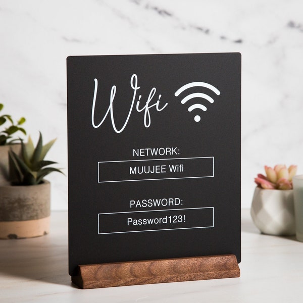 Wifi Acrylic Sign w/ Wood Base - 6.5 x 7.75" Ice or Black Table Sign for Home Airbnb Rental Small Business Salon Restaurant Bar Hotel