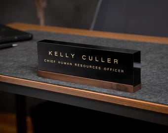 Personalized Foil Acrylic Name Block w/ Optional Wood Base - Minimal Executive Desk CEO Sign, Job Office Teacher or Promotion Gift