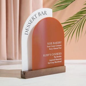 Full Arch Double Acrylic Sign w/ Walnut Wood Base - Dessert Bar for Weddings Birthdays Events, Personalized Show Menu, Custom Party Signage