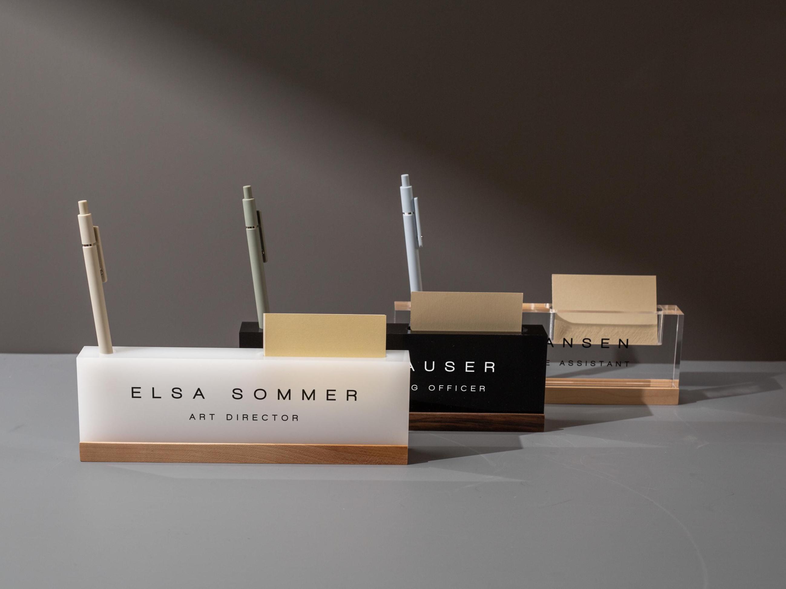 Personalized Acrylic Name Block w/ Slots (D3) - Optional Wood Base, Minimal Executive Teacher Desk Decor, New Job, Desk Name Plate