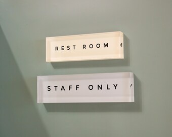 May include: Two rectangular signs with black text on a light background are mounted on a light green wall. The top sign reads "REST ROOM" and the bottom sign reads "STAFF ONLY".