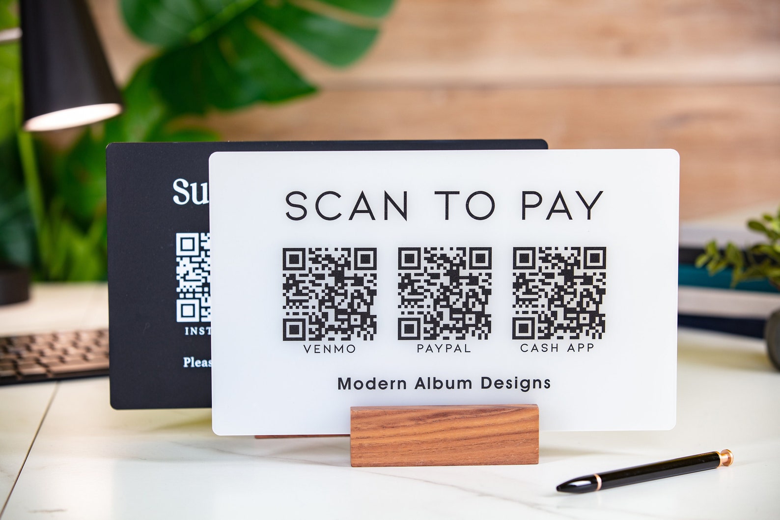Reception Scanable Collateral Qr Code 3 QR Codes Scan to Pay W/ Wood Stand - 11.5x7