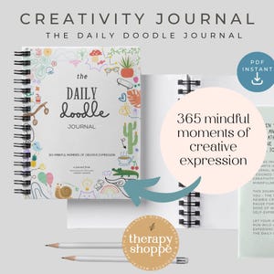 May include: A spiral-bound journal titled "The Daily Doodle Journal" with colorful illustrations. The cover features the text "365 mindful moments of creative expression." Two pencils and a circular logo with the text "therapy shoppe" are also visible.