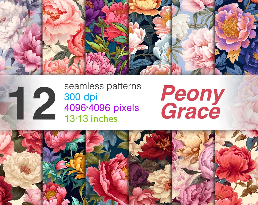 Peony Grace Digital Paper - SEAMLESS - Peony Grace Flower Patterns - 12 ...