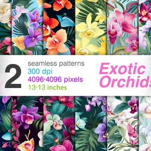 Exotic Orchids Digital Paper - SEAMLESS - Exotic Orchids Flower Patterns - 12 Designs - 13x13in - Commercial Use