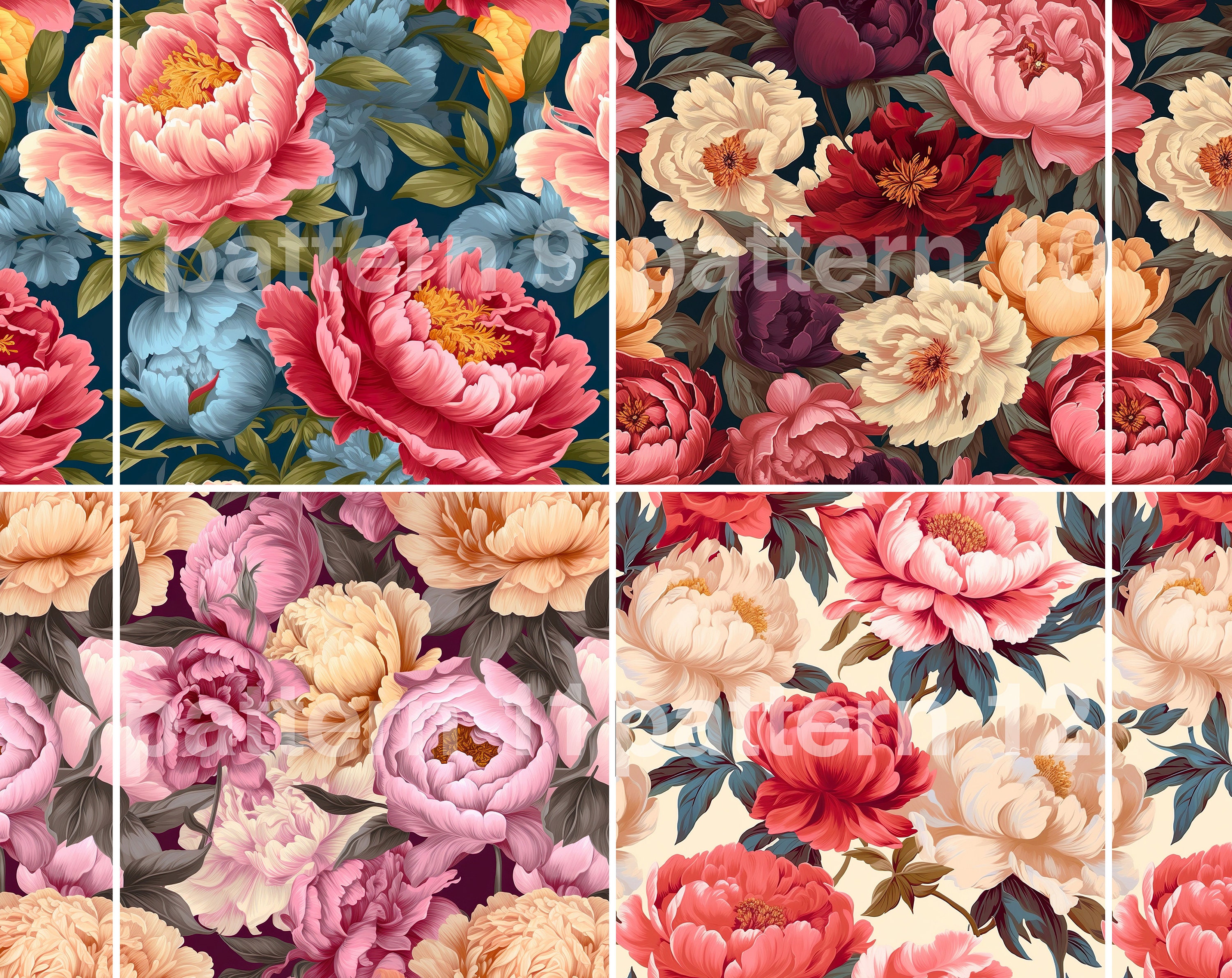 Peony Grace Digital Paper - SEAMLESS - Peony Grace Flower Patterns - 12 ...