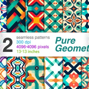 May include: Twelve seamless geometric patterns in a variety of colours, including blue, green, red, orange, and yellow. The patterns are 13x13 inches and 300 dpi. The text "Pure Geometry" is displayed on a white banner.