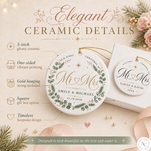 May include: A round 7.6 cm glossy ceramic ornament featuring a green eucalyptus wreath design with gold text reading Mr & Mrs, Emily & Michael, and 11.19.2026. The ornament includes a gold hanging string and is shown with a square gift box option.