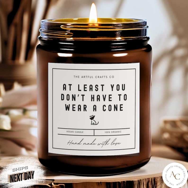 May include: A brown glass candle jar with a white label that reads "The Artful Crafts Co. At Least You Don't Have To Wear A Cone." The label also says "Vegan Candle" and "100% Organic." The candle is lit and the flame is visible.
