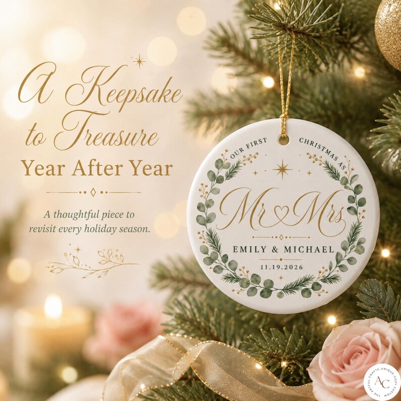 May include: A round white ceramic Christmas ornament featuring a gold script Mr & Mrs, the names Emily & Michael, and the date 19.11.2026. The design includes a green eucalyptus and pine wreath with gold accents, suspended by a gold string.