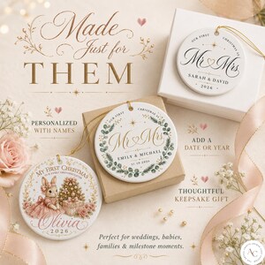 May include: Three round white ceramic ornaments with gold hanging strings. One features black text reading Mr & Mrs Sarah & David 2026. Another shows a green wreath with gold text Mr & Mrs Emily & Michael 11.19.2026. The third displays a bunny, tree, and Olivia 2026.