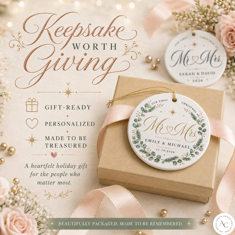 May include: A round white ceramic ornament featuring a gold script Mr & Mrs design, green eucalyptus wreath, and the text Emily & Michael 11.19.2026. The ornament rests on a brown cardboard gift box tied with a light pink satin ribbon.