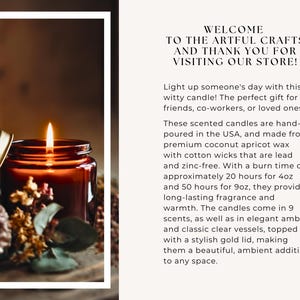 May include: A brown glass candle jar with a gold lid, filled with a warm, amber-coloured candle. The candle is surrounded by dried flowers and greenery. The text "WELCOME TO THE ARTFUL CRAFTS AND THANK YOU FOR VISITING OUR STORE!" is visible in the background.