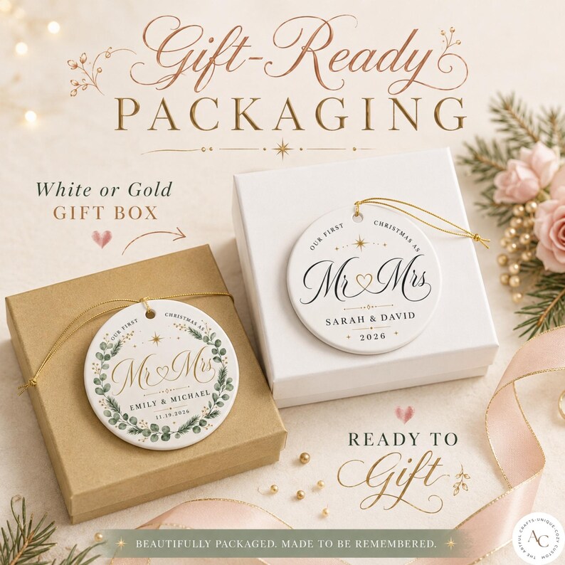 May include: Two round white ceramic ornaments with gold string, one featuring a green eucalyptus wreath design and the other a minimalist star motif. Both ornaments are printed with the text Mr & Mrs, names, and dates, displayed on brown and white gift boxes.