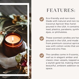 May include: A brown glass candle jar with a gold lid, lit and burning. The candle is surrounded by dried flowers and a beige fabric. The text "FEATURES:" is visible on the right side of the image. The text describes the candle as eco-friendly, hand-poured, and made with natural ingredients.