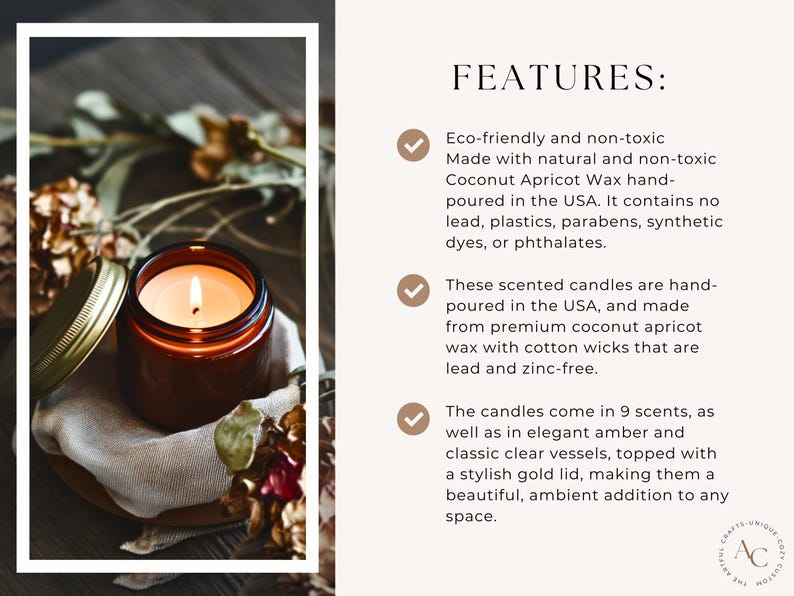 May include: A brown glass candle jar with a gold lid, lit and burning. The candle is surrounded by dried flowers and a beige fabric. The text "FEATURES:" is visible on the right side of the image. The text describes the candle as eco-friendly, hand-poured, and made with natural ingredients.