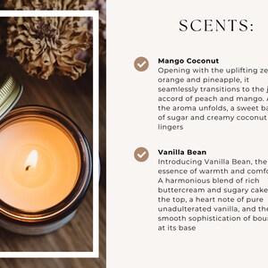 May include: A lit candle in a clear glass jar with a gold lid. The candle is surrounded by dried flowers and leaves. The text "SCENTS:" is written in black above a description of two candle scents: Mango Coconut and Vanilla Bean.