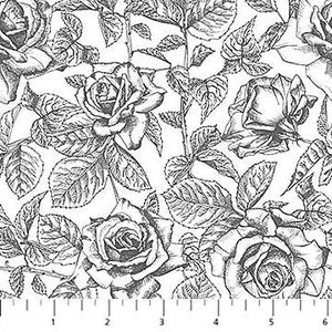 May include: Black and white floral fabric featuring a detailed rose pattern. The design includes various rose blooms and leaves, creating a classic, elegant aesthetic. The roses are rendered in a detailed, sketched style, with visible shading and lines.