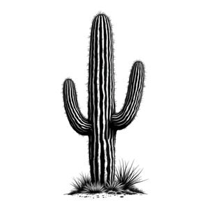 May include: Black and white illustration of a tall, segmented cactus with multiple arms. The cactus is surrounded by small, spiky plants.