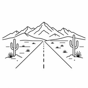 May include: Black and white line art illustration of a desert landscape. A road stretches into the distance, flanked by cacti and sparse vegetation, with mountains in the background.