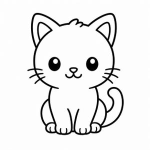 Op de afbeelding: Zwart-wit cartoon illustratie van een zittende kat. De kat heeft grote, ronde ogen, snorharen en een lachende mond. De oren van de kat zijn puntig en de staart is gekruld.