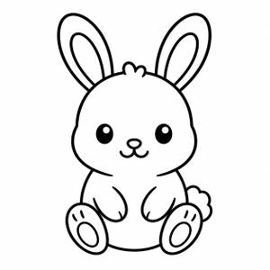 Pode incluir: Ilustração de desenho animado em preto e branco de um coelho sentado com olhos grandes, orelhas compridas e uma pequena cauda fofa. O coelho é desenhado com contornos grossos, dando-lhe uma aparência simples, mas charmosa. As patas do coelho são visíveis.