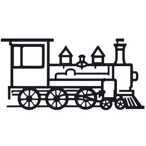Op de afbeelding: Zwart-wit lijntekening van een stoomtrein. De illustratie toont een gedetailleerd treindesign met wielen, een cabine, een schoorsteen en decoratieve elementen. Perfect voor treinliefhebbers.