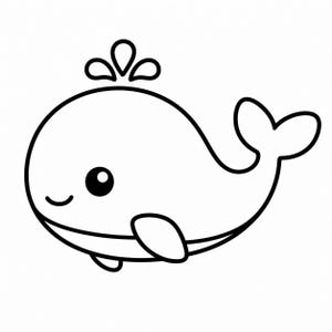 May include: A black and white cartoon illustration of a whale. The whale has a round body, a small fin, and a tail. Water is spouting from the top of its head. The whale has a smiling face with a single eye.