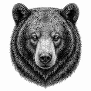 Puede incluir: Ilustración detallada en blanco y negro de la cabeza de un oso. El pelaje del oso está meticulosamente representado, creando una apariencia texturizada. Los ojos del oso están enfocados y la imagen está sobre un fondo blanco.